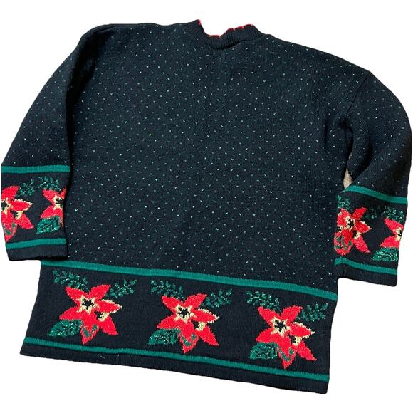 Vtg Ugly Christmas Sweater Womens Medium Black Red Poinsettia Dana Scott 80s - Picture 6 of 6
